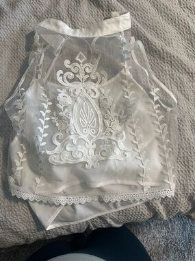 White Embroidered Sheer Halter Crop Top - Women